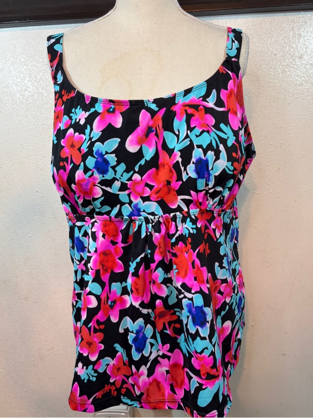 Black Floral Women’s Tankini Swim Top - Pink & Blue Flowers - Picture 2 of 8
